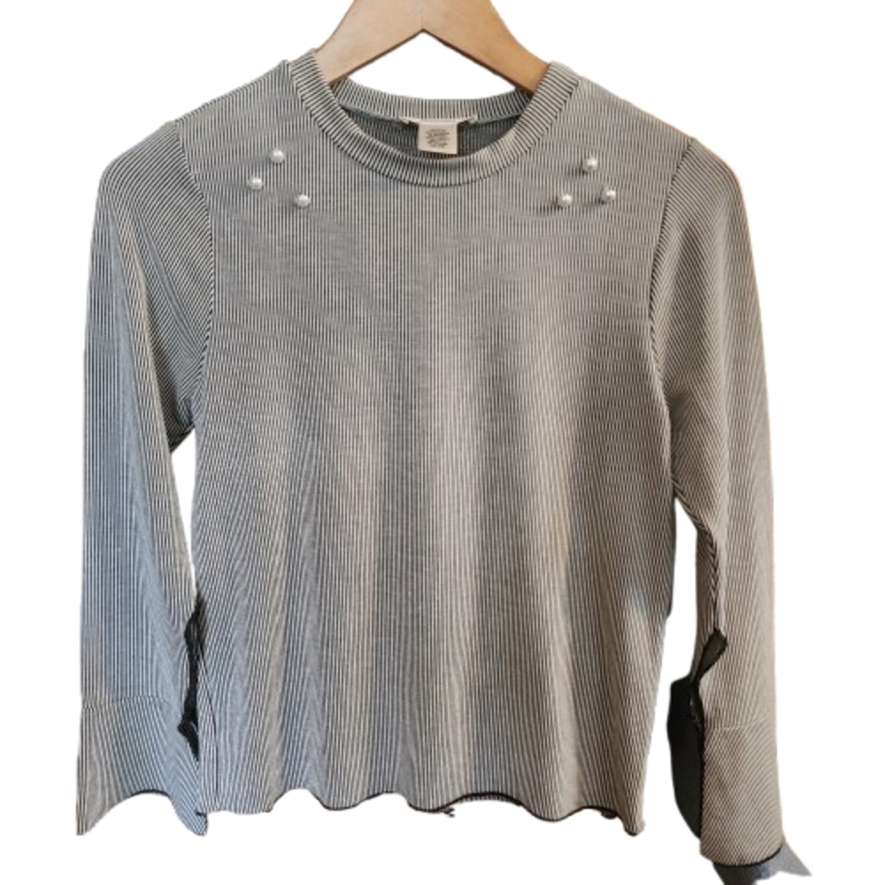 Womens S Soft Girl Black & White Striped Long Sleeve Top with Pearl Accents
